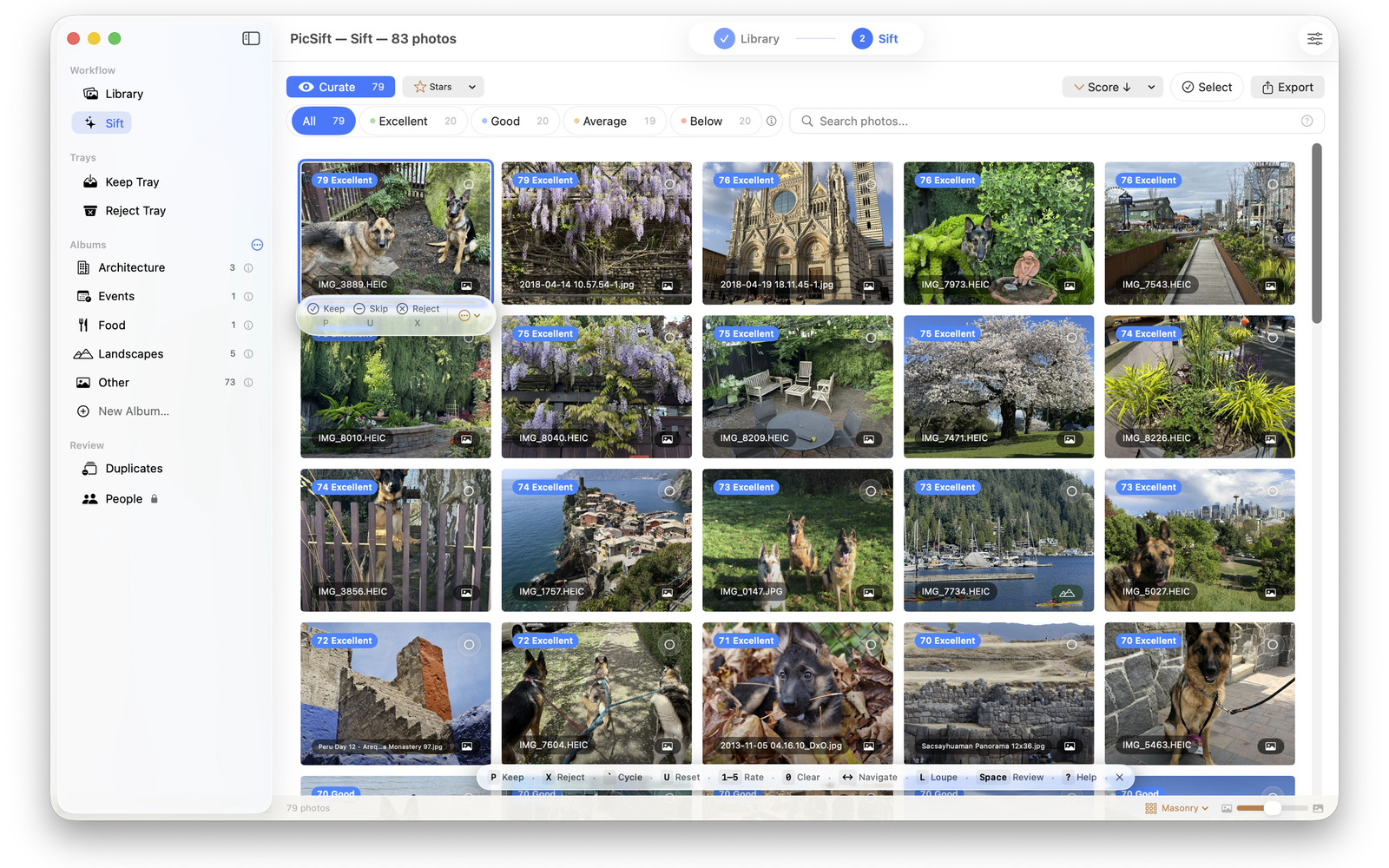 PicSift on macOS showing a grid of photographs, each tile carrying a numeric score, sorted best-first.
