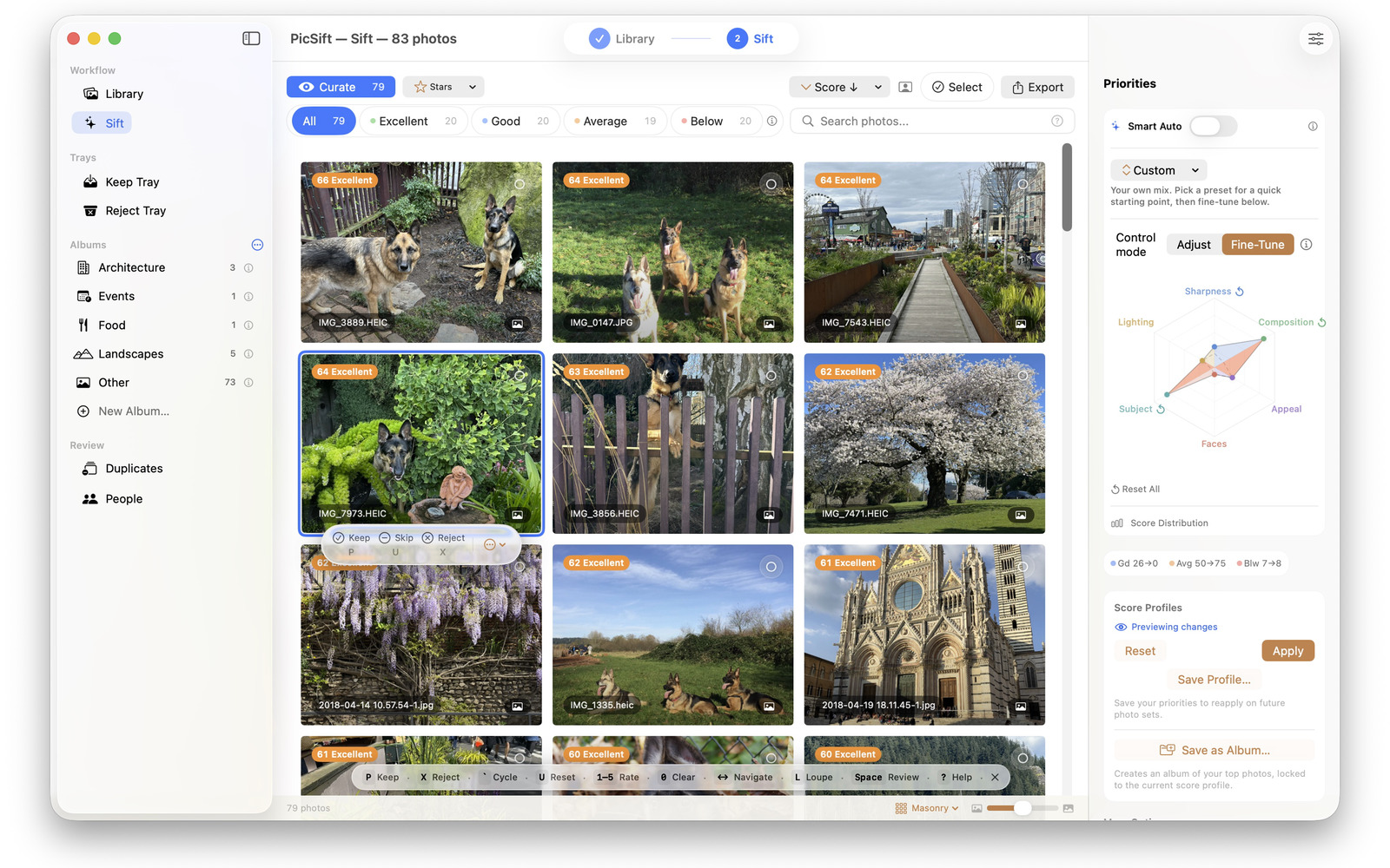 PicSift's priorities controls, where the weight given to each scoring quality is adjusted and the ranking updates.